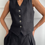 Classic V-neck Pleated Cotton and Linen Wide-leg Pants Suit