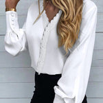 Zeagoo Print V Neck Lace Long Sleeves Shirt Blouse Button Loose Tunic Top