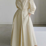 Elegant Pocket Button Lapel Collar Fold Solid Midi Dress