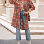 Zeagoo Plaid Longline Button-Up Shacket Lapel Neck Long Sleeve Shirt Pocket