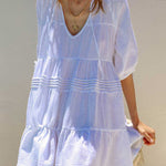 Zeagoo Women's Cute Sweet Tie up V Neck Drawstring Short Sleeve Babydoll Dress Loose Tiered Ruffle Swing Tunic Mini Dress