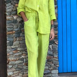 Casual Solid Color V-Neck Shirt & Pants Cotton Linen Two-Piece Set