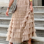 Zeagoo Women's A-Line Patchwork Mesh Cake Skirt Casual Solid Color High Waist Loose Ruffled Pleated Long Tulle Skirt