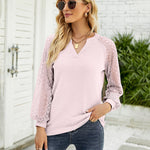 Zeagoo V Neck Tops Solid Color Blouse Long Sleeve Pullover Lace Patchwork Shirt