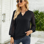 Zeagoo V Neck Tops Solid Color Blouse Long Sleeve Pullover Lace Patchwork Shirt