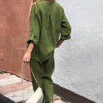Casual Solid Color V-Neck Shirt & Pants Cotton Linen Two-Piece Set