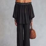 Black Off-the-shoulder Sequined Top Paired With Drawstring Wide-leg Pants Set