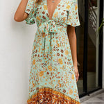 Zeagoo Women's Bohemian Floral Tie Front V Neck Midi Dresses
