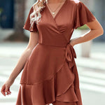 Zeagoo Women Stain Dress Wrap V Neck Short Sleeve Tie Waist Ruffle Mini Flowy Dresses (US Only)