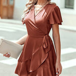 Zeagoo Women Stain Dress Wrap V Neck Short Sleeve Tie Waist Ruffle Mini Flowy Dresses (US Only)