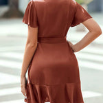 Zeagoo Women Stain Dress Wrap V Neck Short Sleeve Tie Waist Ruffle Mini Flowy Dresses (US Only)