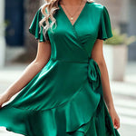 Zeagoo Women Stain Dress Wrap V Neck Short Sleeve Tie Waist Ruffle Mini Flowy Dresses (US Only)