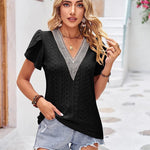 Zeagoo Short Sleeve Tops for Women Casual V Neck Lace T-Shirts Petal Sleeve Shirt Eyelet Pleated Loose Blouses (Us Only)