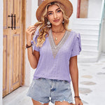 Zeagoo Short Sleeve Tops for Women Casual V Neck Lace T-Shirts Petal Sleeve Shirt Eyelet Pleated Loose Blouses (Us Only)