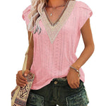 Zeagoo Short Sleeve Tops for Women Casual V Neck Lace T-Shirts Petal Sleeve Shirt Eyelet Pleated Loose Blouses (Us Only)
