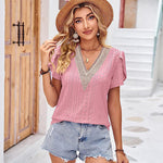 Zeagoo Short Sleeve Tops for Women Casual V Neck Lace T-Shirts Petal Sleeve Shirt Eyelet Pleated Loose Blouses (Us Only)