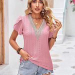 Zeagoo Short Sleeve Tops for Women Casual V Neck Lace T-Shirts Petal Sleeve Shirt Eyelet Pleated Loose Blouses (Us Only)