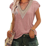 Zeagoo Short Sleeve Tops for Women Casual V Neck Lace T-Shirts Petal Sleeve Shirt Eyelet Pleated Loose Blouses (Us Only)