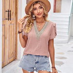 Zeagoo Short Sleeve Tops for Women Casual V Neck Lace T-Shirts Petal Sleeve Shirt Eyelet Pleated Loose Blouses (Us Only)