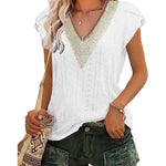 Zeagoo Short Sleeve Tops for Women Casual V Neck Lace T-Shirts Petal Sleeve Shirt Eyelet Pleated Loose Blouses (Us Only)