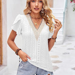 Zeagoo Short Sleeve Tops for Women Casual V Neck Lace T-Shirts Petal Sleeve Shirt Eyelet Pleated Loose Blouses (Us Only)