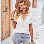 Zeagoo Short Sleeve Tops for Women Casual V Neck Lace T-Shirts Petal Sleeve Shirt Eyelet Pleated Loose Blouses (Us Only)