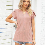 Zeagoo Short Sleeve Tops for Women Casual V Neck T-Shirts Petal Sleeve Shirt Eyelet Pleated Loose Blouses (Us Only)