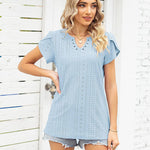 Zeagoo Short Sleeve Tops for Women Casual V Neck T-Shirts Petal Sleeve Shirt Eyelet Pleated Loose Blouses (Us Only)