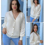 Lantern Sleeve Button Down Cable Knit Sweate - Zeagoo (Us Only)