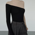 Asymmetric Patchwork Long Sleeve Mock Neck Knit Top