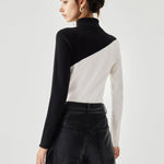 Asymmetric Patchwork Long Sleeve Mock Neck Knit Top