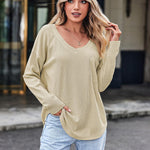Zeagoo Women Waffle Knit Tops Casual Long Sleeve Shirts Solid Color V Neck Shirt