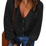 Lantern Sleeve Button Down Cable Knit Sweate - Zeagoo (Us Only)
