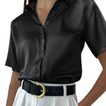 Zeagoo Women Satin Shirt V-Neck Short Sleeve Button Down Shirt Casual Loose Office Silk Tops  (Us Only)