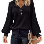 Zeagoo Women V Neck Sweater Lantern Sleeve Drop Shoulder Oversized Henley Knit Pullover Tops S-XXL