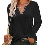 Zeagoo Women Casual V Neck T-Shirts Ruffle Long Sleeve Shirt Eyelet Loose Blouses S-XXL