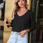 Zeagoo Women Waffle Knit Tops Casual Long Sleeve Shirts Solid Color V Neck Shirt