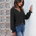 Zeagoo Women Casual V Neck T-Shirts Ruffle Long Sleeve Shirt Eyelet Loose Blouses S-XXL