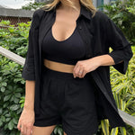 Linen Shirt Elastic Waist Casual Shorts Set - Zeagoo (Us Only)
