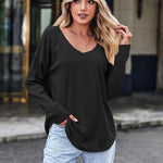 Zeagoo Women Waffle Knit Tops Casual Long Sleeve Shirts Solid Color V Neck Shirt