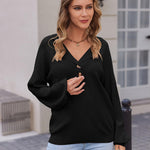 Zeagoo Women V Neck Sweater Lantern Sleeve Drop Shoulder Oversized Henley Knit Pullover Tops S-XXL