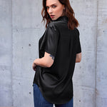 Zeagoo Women Satin Shirt V-Neck Short Sleeve Button Down Shirt Casual Loose Office Silk Tops  (Us Only)