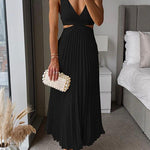 V Neck Cut Out Waist Sleeveless Pleated Maxi Dress