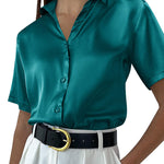 Zeagoo Women Satin Shirt V-Neck Short Sleeve Button Down Shirt Casual Loose Office Silk Tops  (Us Only)