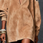 GINEVRA CAMEL FAUX SUEDE COLD-SHOULDER DRESS