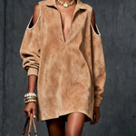 GINEVRA CAMEL FAUX SUEDE COLD-SHOULDER DRESS