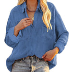 Zeagoo Women's Corduroy Tops for Women Lapel V Neck Shirts Long Sleeve Blouses Casual Sweatsuit with Pockets