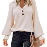 Zeagoo Women V Neck Sweater Lantern Sleeve Drop Shoulder Oversized Henley Knit Pullover Tops S-XXL