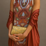 Elegant printed two-piece dress with cape