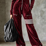 Burgundy Velvet Hooded Zipper Wide Leg Jumpsuit